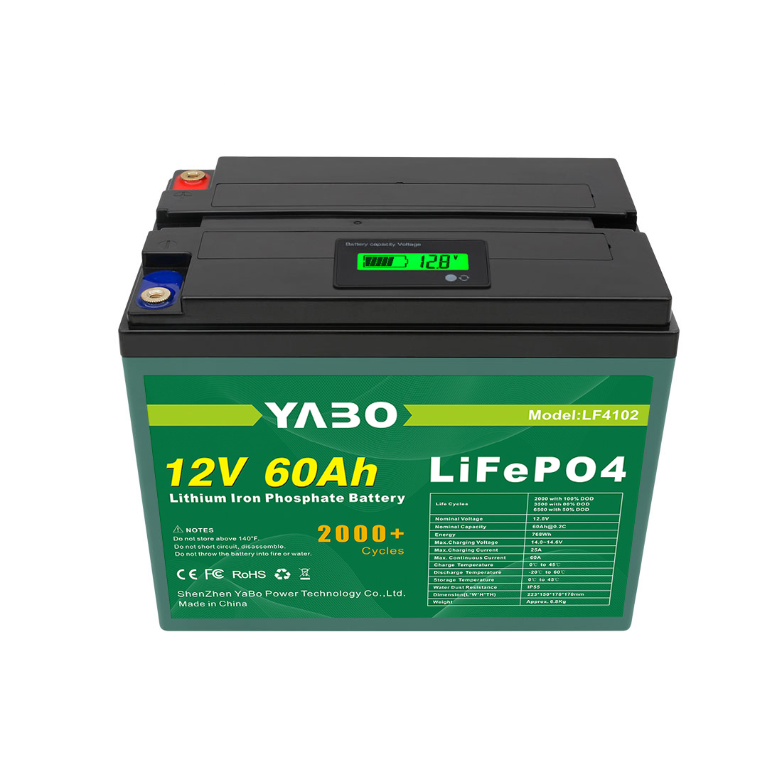 YABO 12V 60Ah LiFePO4 batterij met onderhoudsvrij ontwerp voor huisopslag